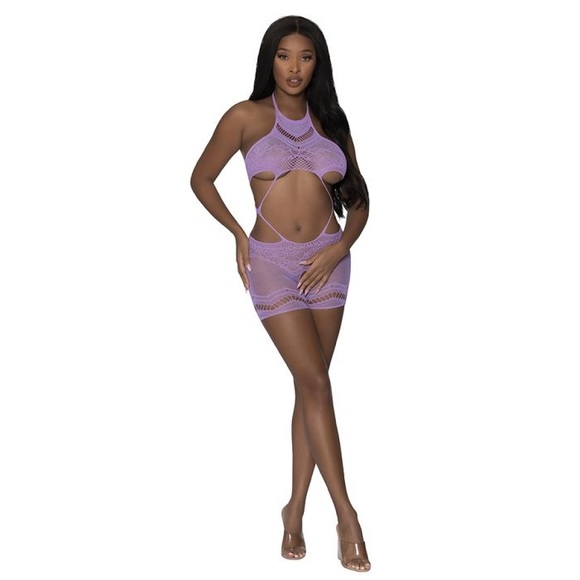 In Pkg Fishnet Halter See Through Bodystocking Short Romper with Cutout Straps - Picture 3 of 9
